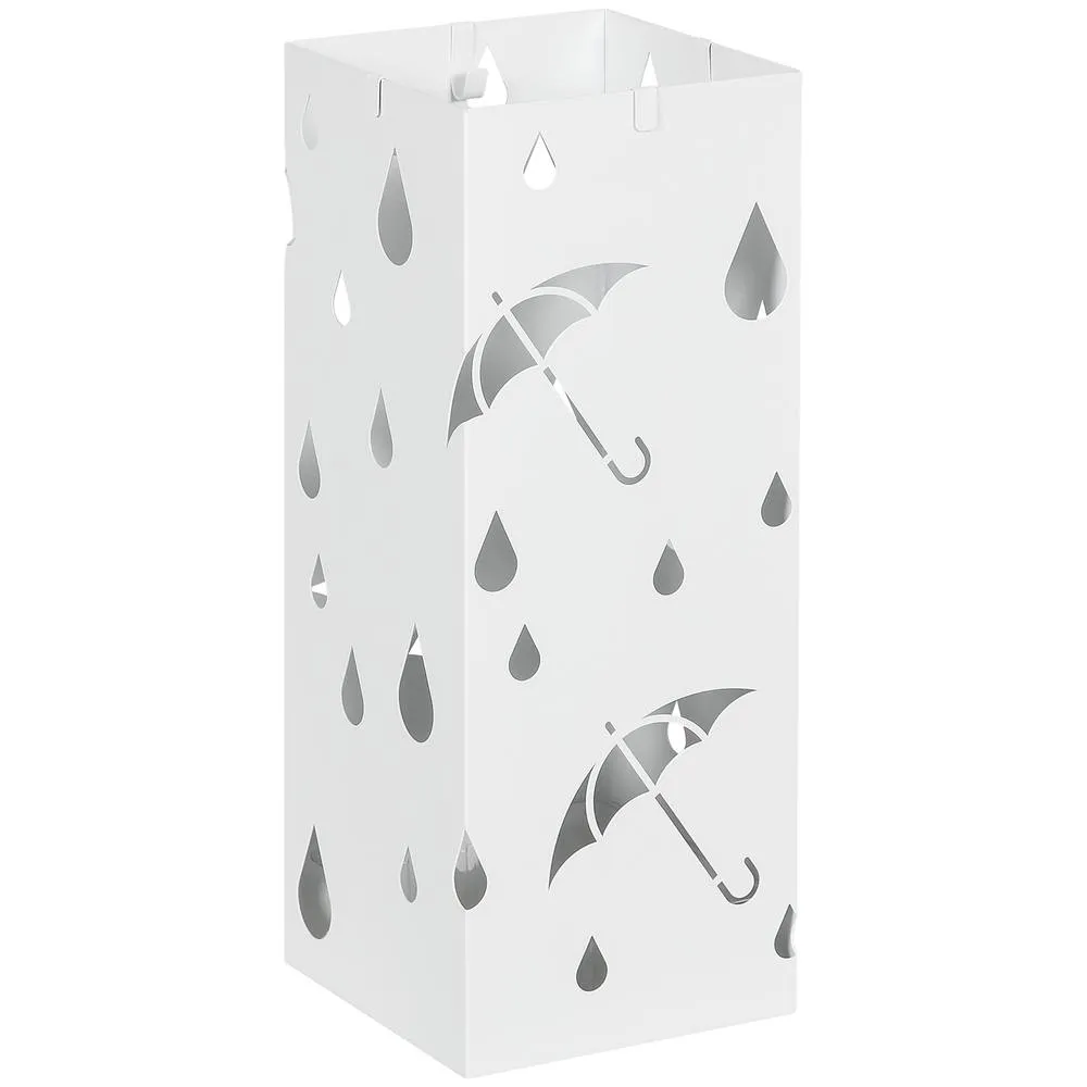 HOMCOM Metal Umbrella Stand, Square Umbrella Basket with 4 Hooks Drip Tray White 2