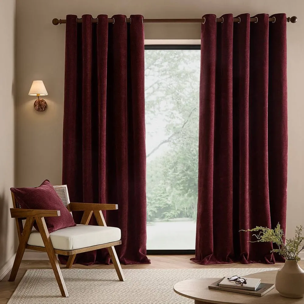 Yard Heath Washed Velvet Fully Lined Eyelet Curtain Pair in Wine 4