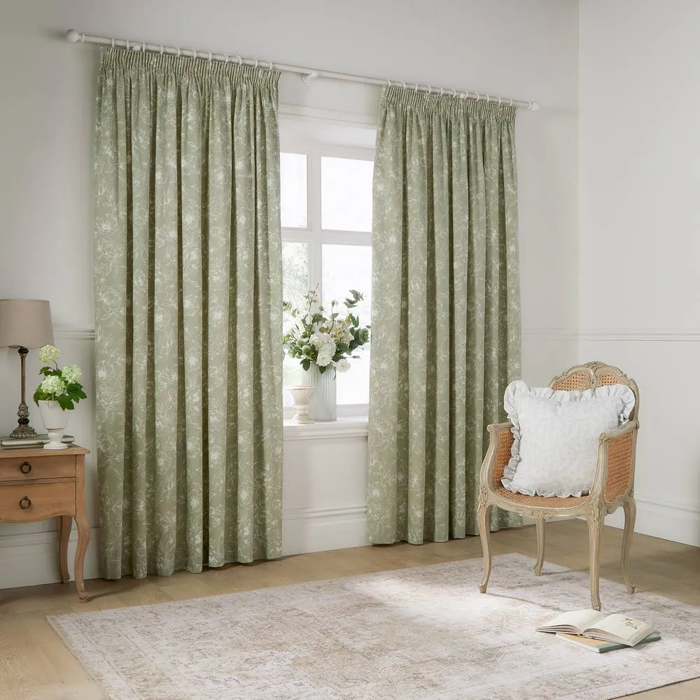 Wylder Bella Floral 100% Cotton Pencil Pleat Curtain Pair in Green 2