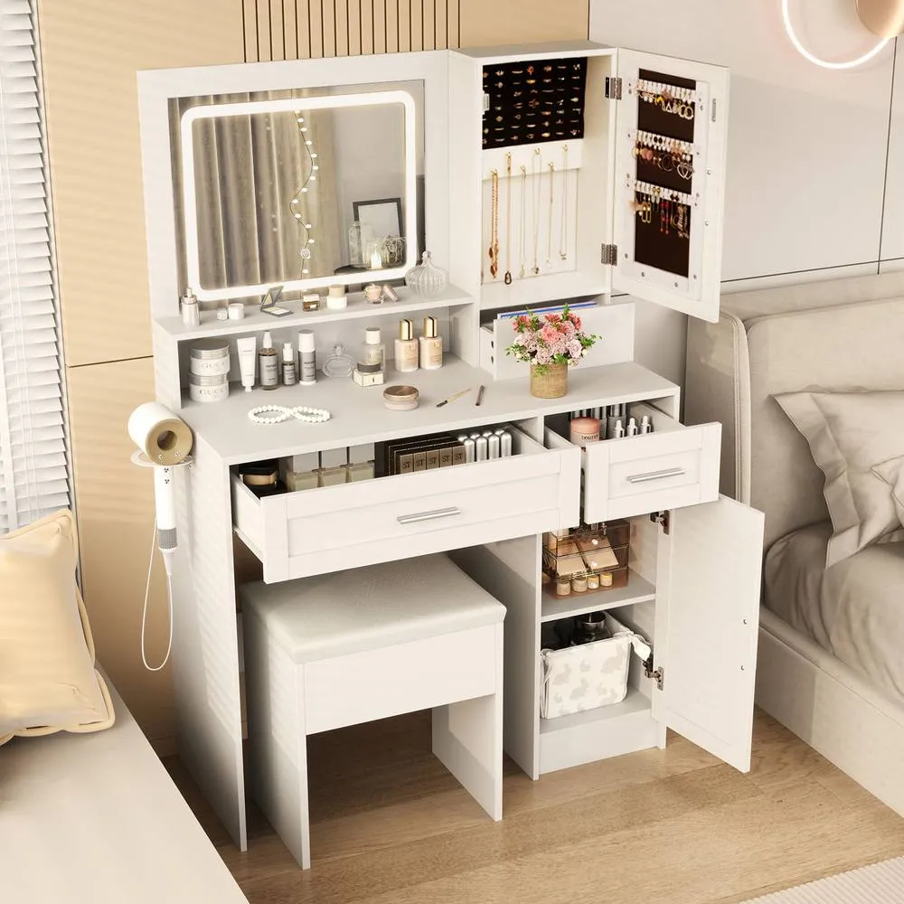 Costway Makeup Vanity Desk Farmhouse Dressing Table & Stool Set w/ Drawers in White 4