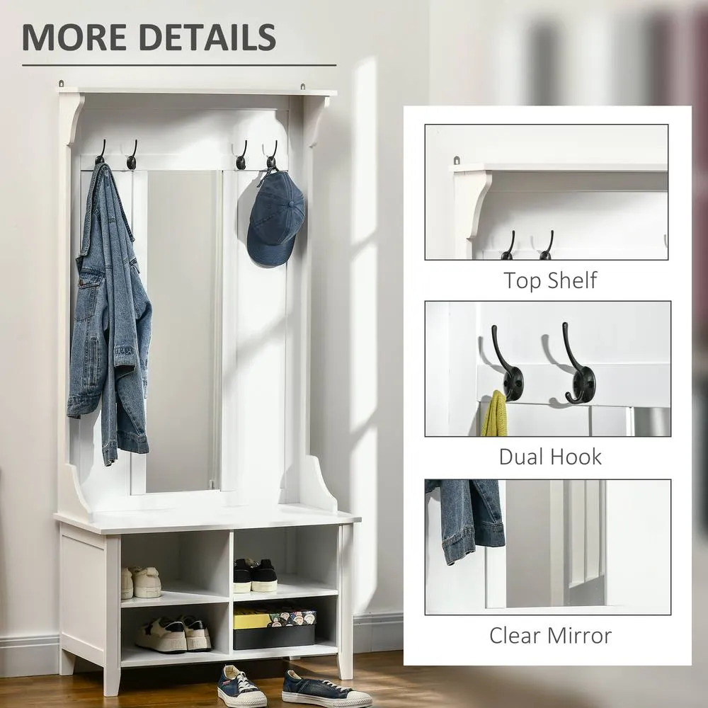 HOMCOM Hallway Furniture Set Shoe Bench Storage Mirror Cabinet Coat Rack in White 5