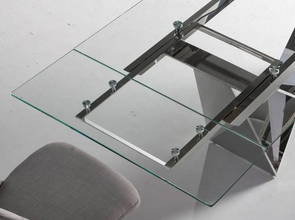 Angel Cerda Rectangular Extendable Dining Table, Tempered Glass, Chrome Legs in Silver 5