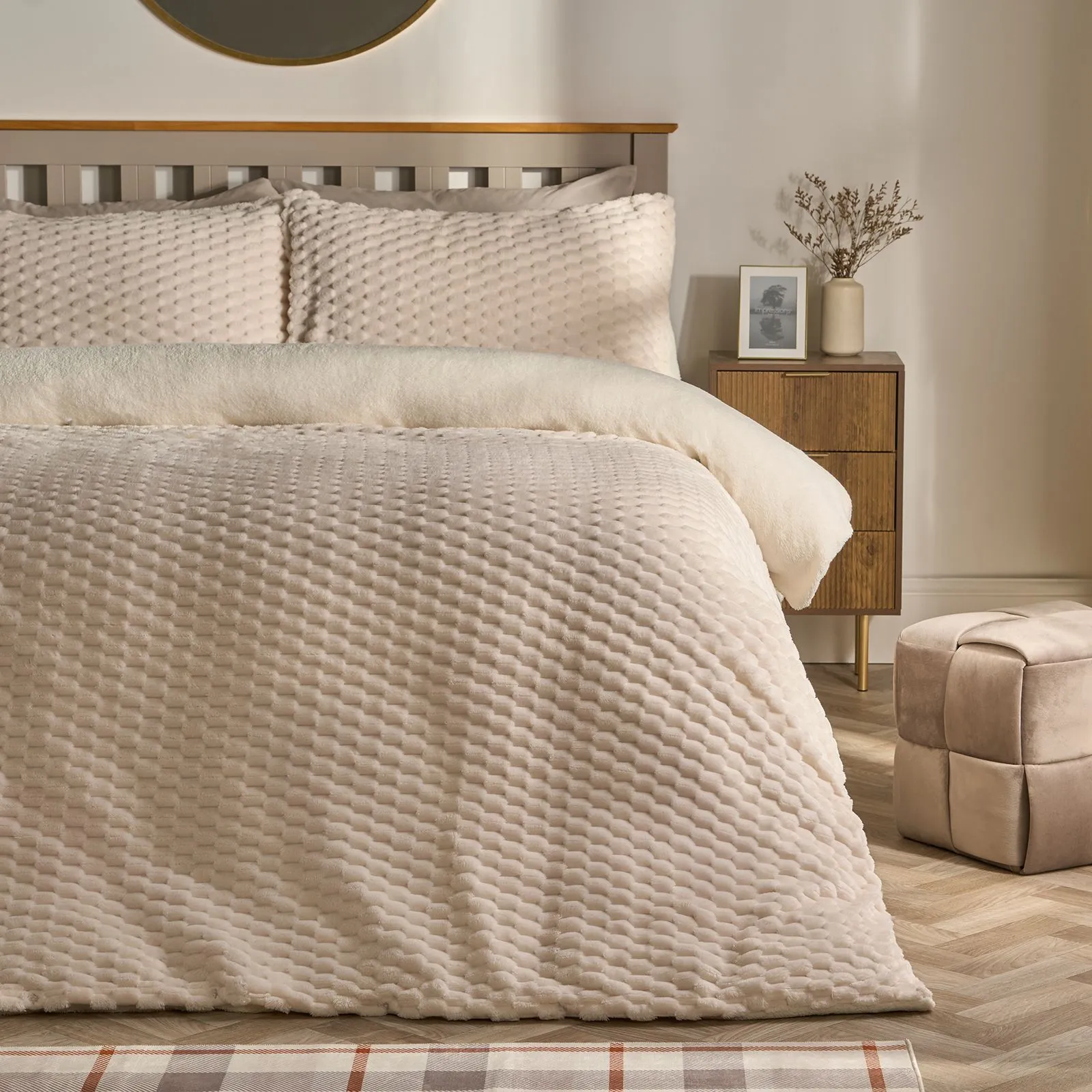 OHS Waffle Fleece Thermal Duvet Cover Soft Bedding Set in Cream