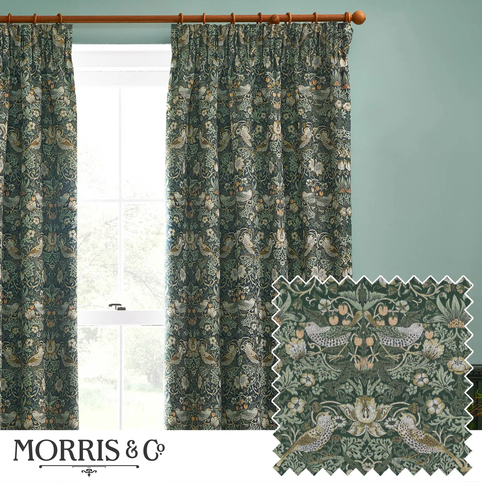 Morris & Co Strawberry Thief Jacquard Floral Room Darkening Pencil Pleat Curtain Pair in Green 1