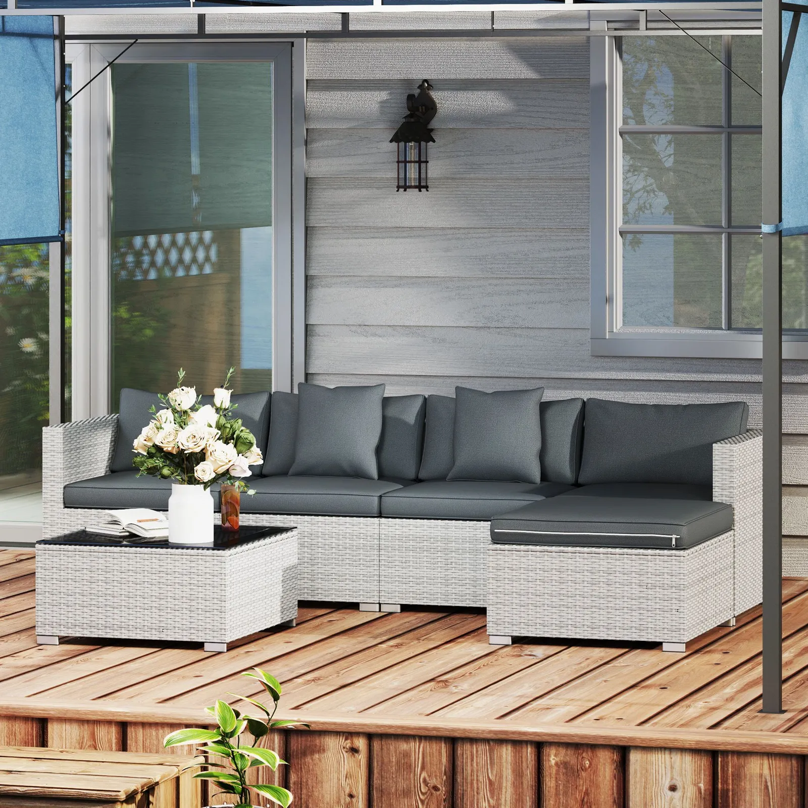 OUTSUNNY 6 Pieces Rattan Furniture Set Garden Sofa Set Mixed Grey