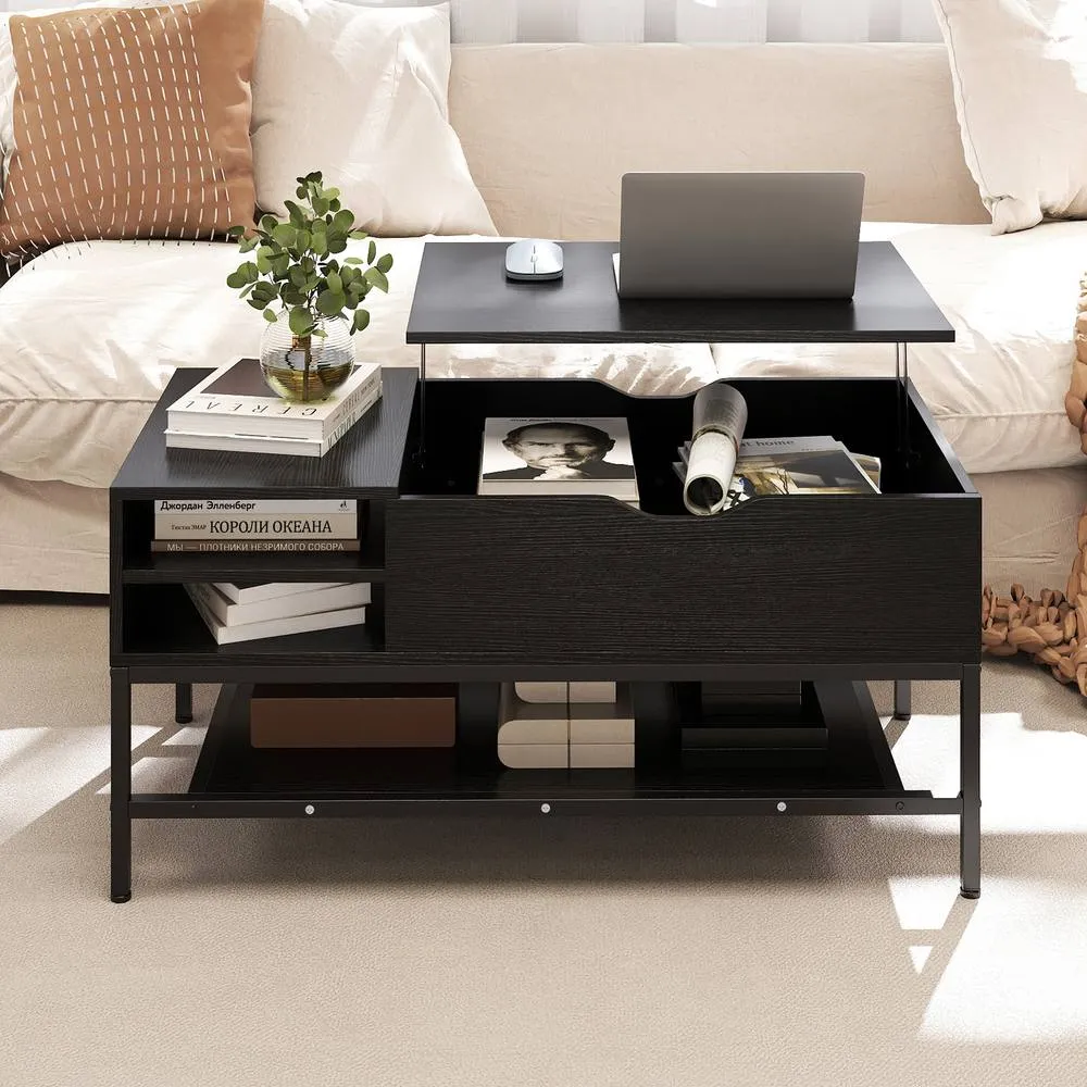 Costway Lift Top Coffee Table Living Room Table w/ Storage Shelf-Black in Black 4