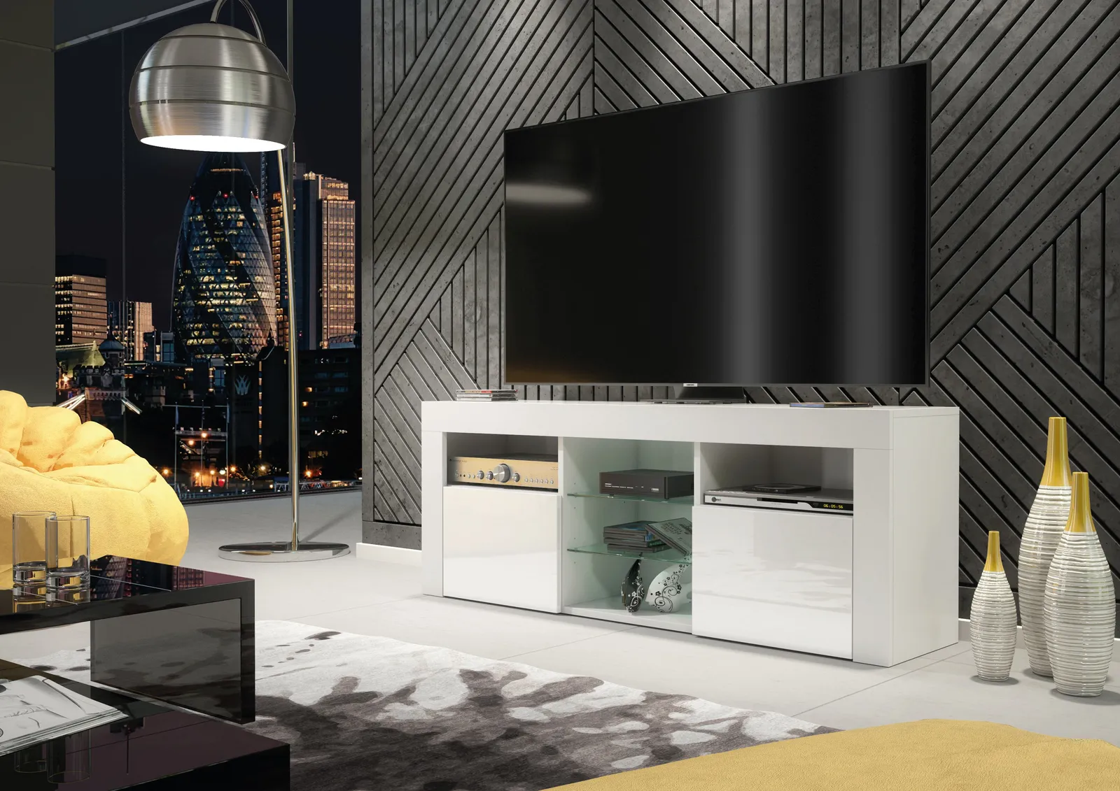Creative Furniture TV Unit 145cm Modern - White with High Gloss Doors 2