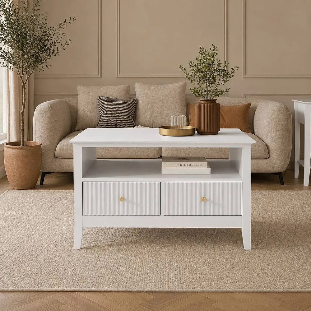 Melody Maison Fluted Four Drawer One Shelf Coffee Table - Hales White Range 4