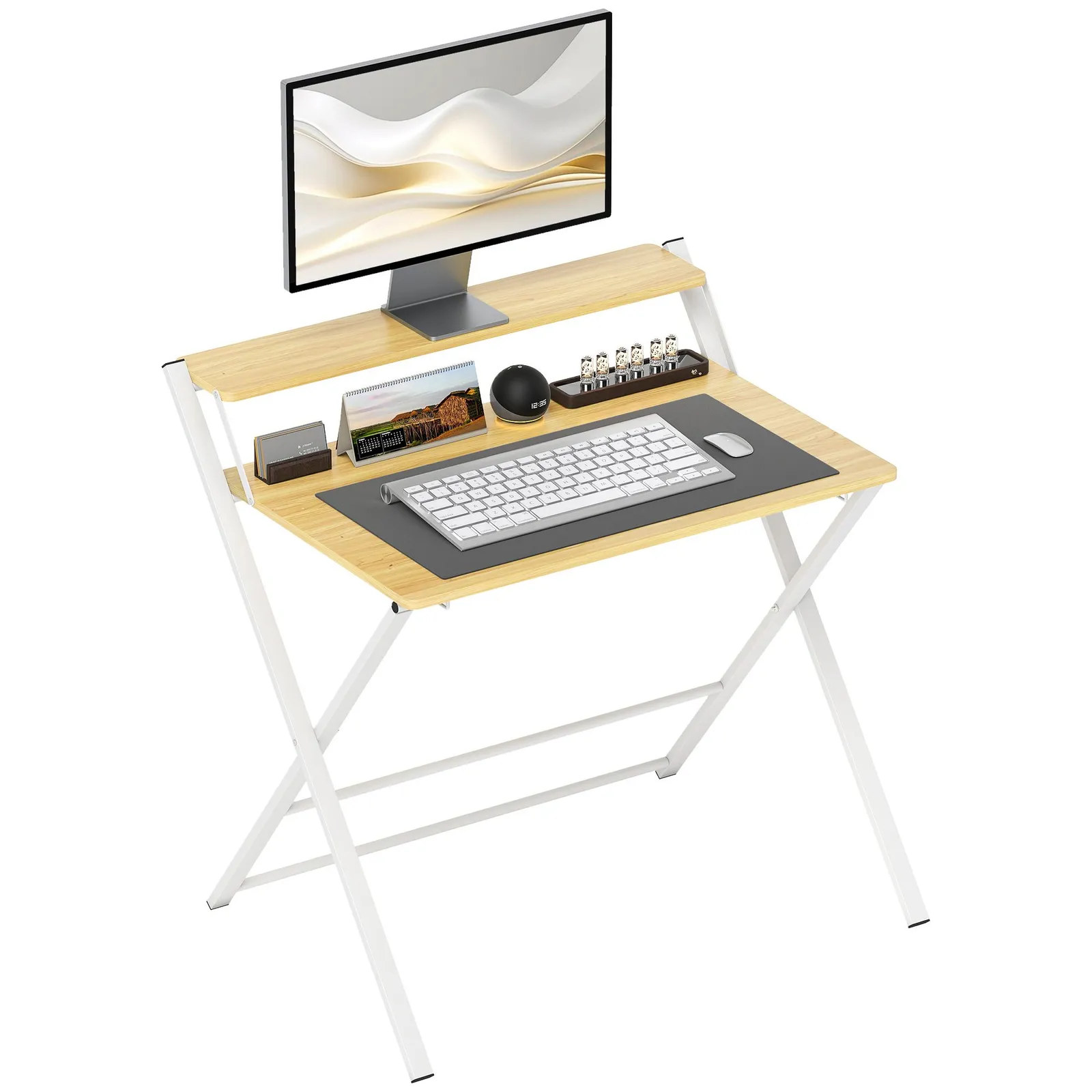HOMCOM Folding Desk with 2-Tier Shelf for Home Office, Maple Wood-effect in Natural 2