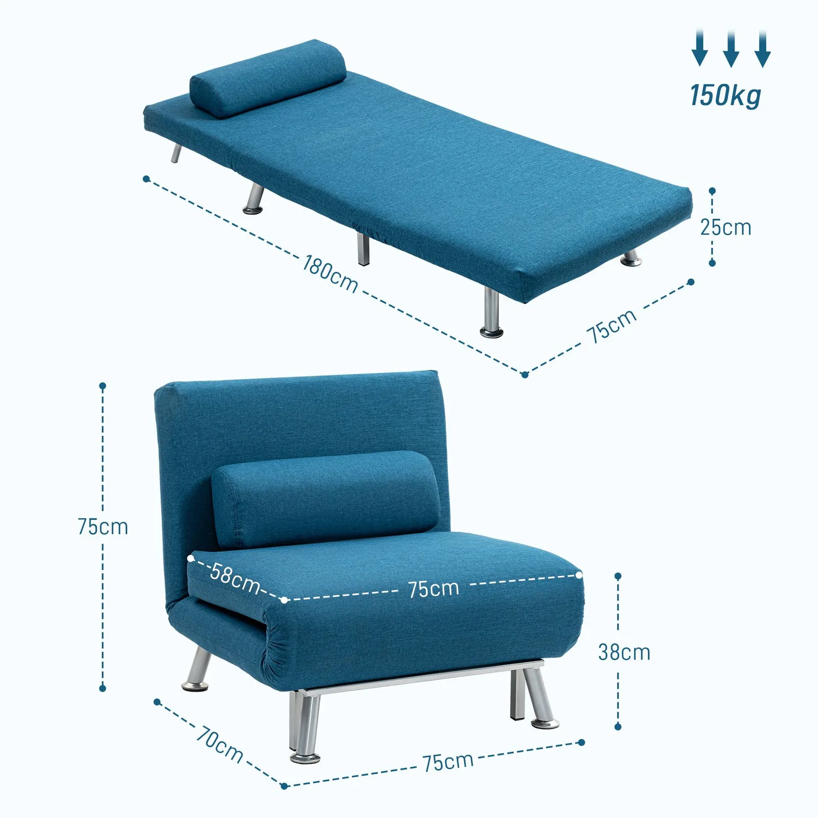 HOMCOM Folding 5 Position Convertible Sleeper Chair Sofa Bed Blue 3