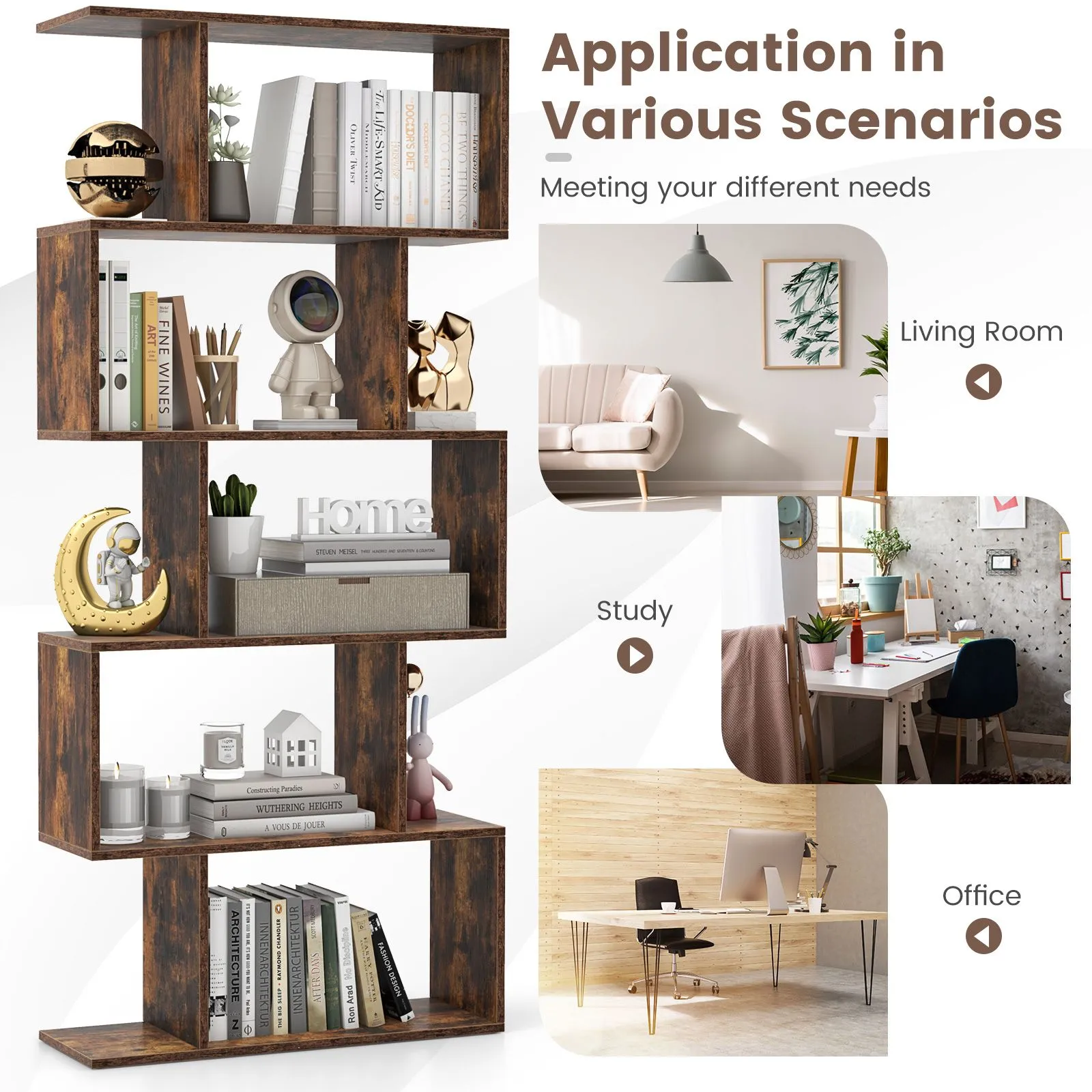 Costway 5-tier Bookcase S-Shaped Bookshelf Wooden Storage Display Rack in Brown 6