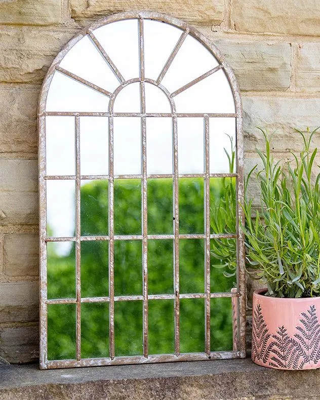 Dibor Vintage Indoor Outdoor Distressed Finish Arched Garden Mirror H60cm x W36cm in Silver