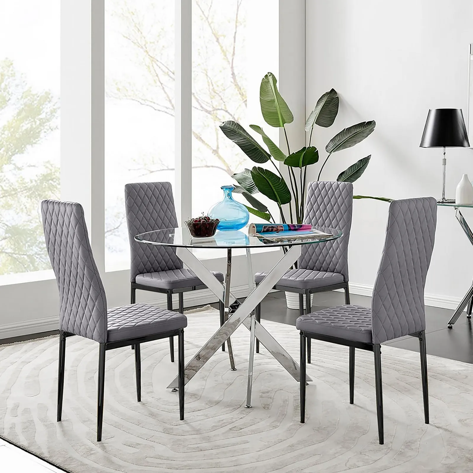 FurnitureboxUK Novara 100cm Round Dining Table & 4 Velvet Milan Black Leg Chairs in Grey 1