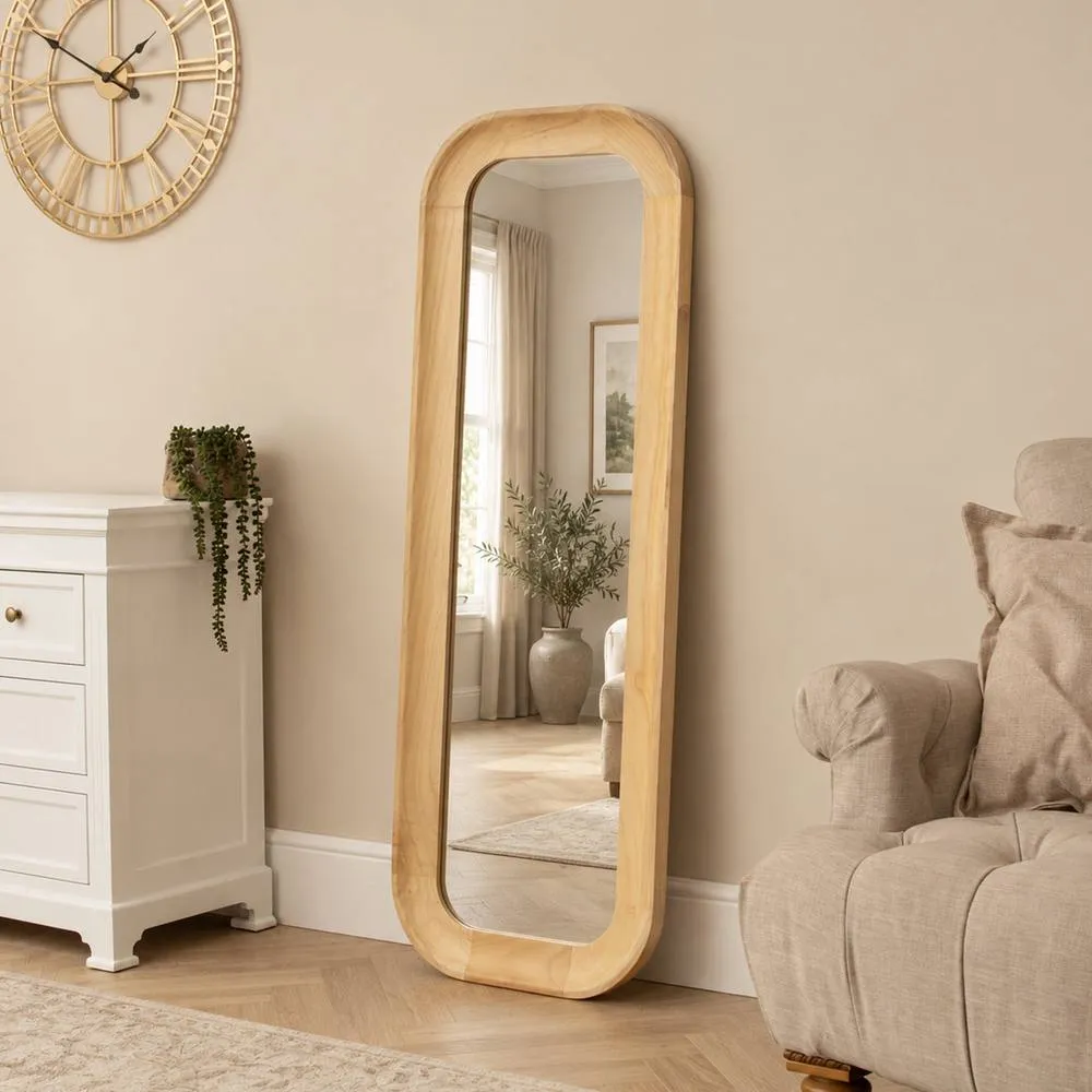 Melody Maison Natural Wood Arched Rounded Full Length Wall Mirror - 142cm x 50cm in Light Brown