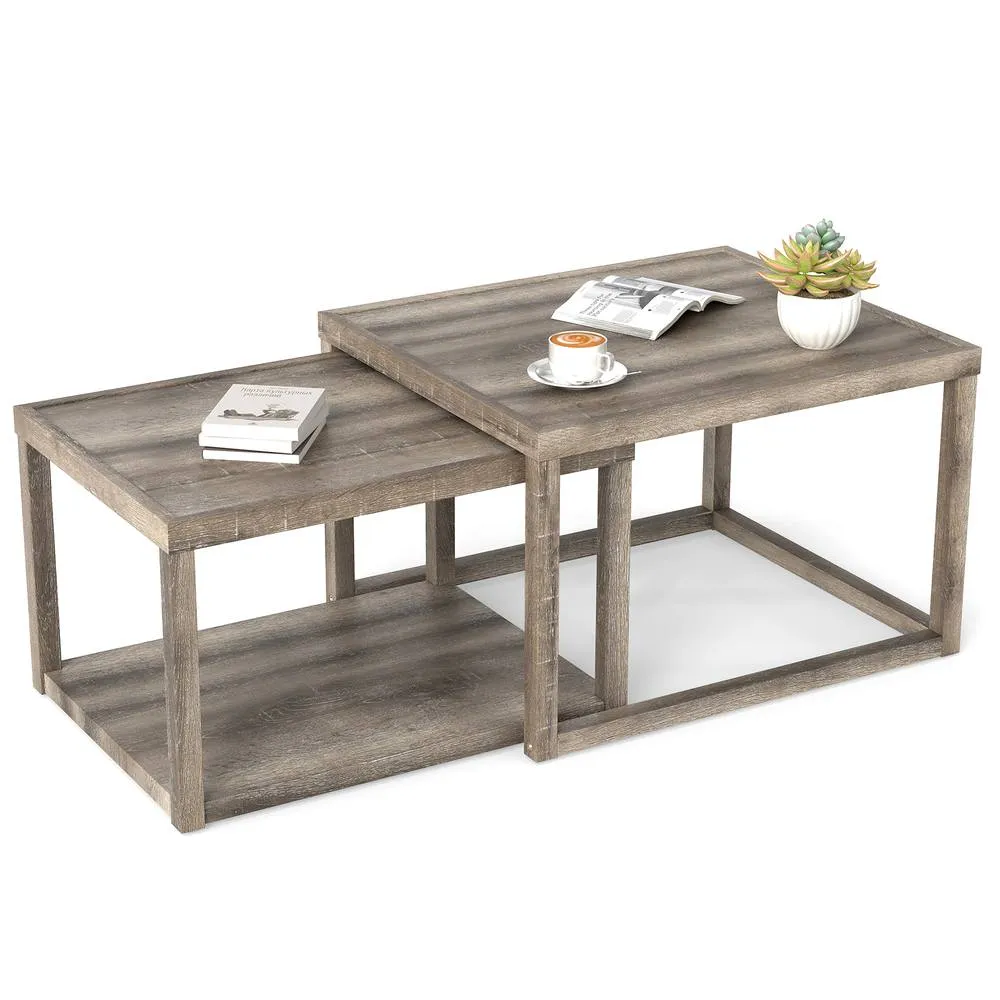Costway Nesting Coffee Table Set of 2 Stackable Rectangular End Tables in Grey 2
