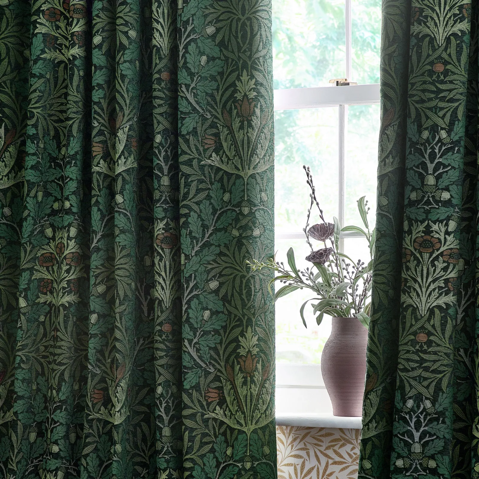 Morris & Co Acorn Multi Floral Jacquard Room Darkening Pencil Pleat Curtains in Green 3