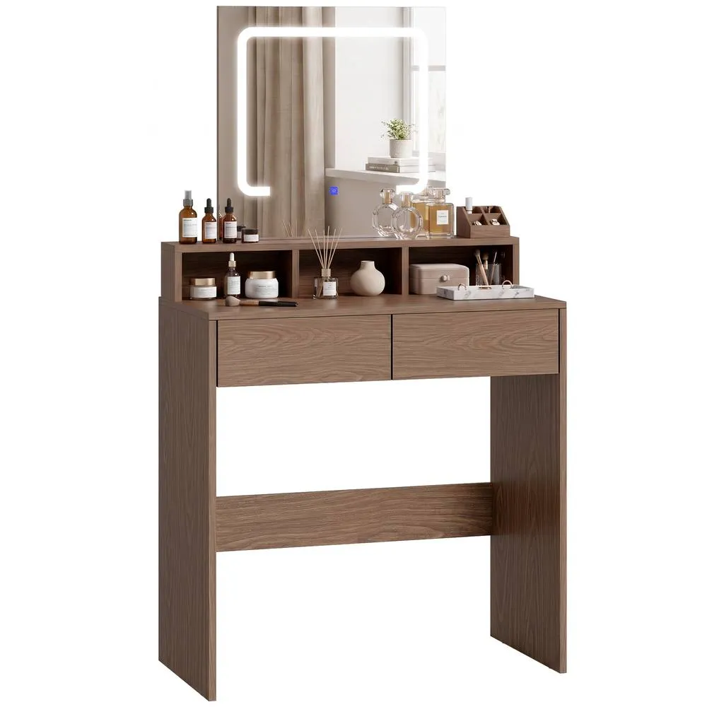 HOMCOM Dressing Table with Mirror, LED Lights, Drawers, for Bedroom, Walnut