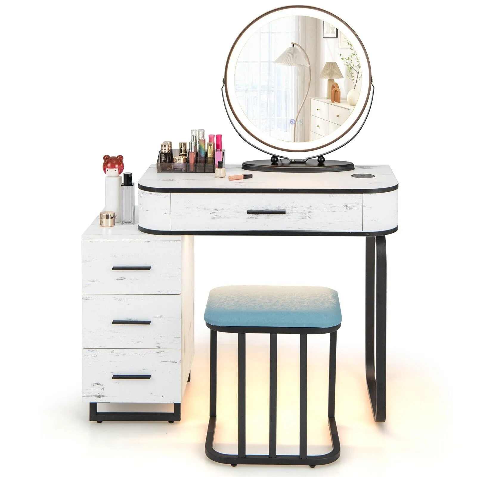 Costway Dressing Table Vanity Set Makeup Stool w/ Charging Station & 3Color Lighted Swivel Mirror & 3Drawer Chest in White 3