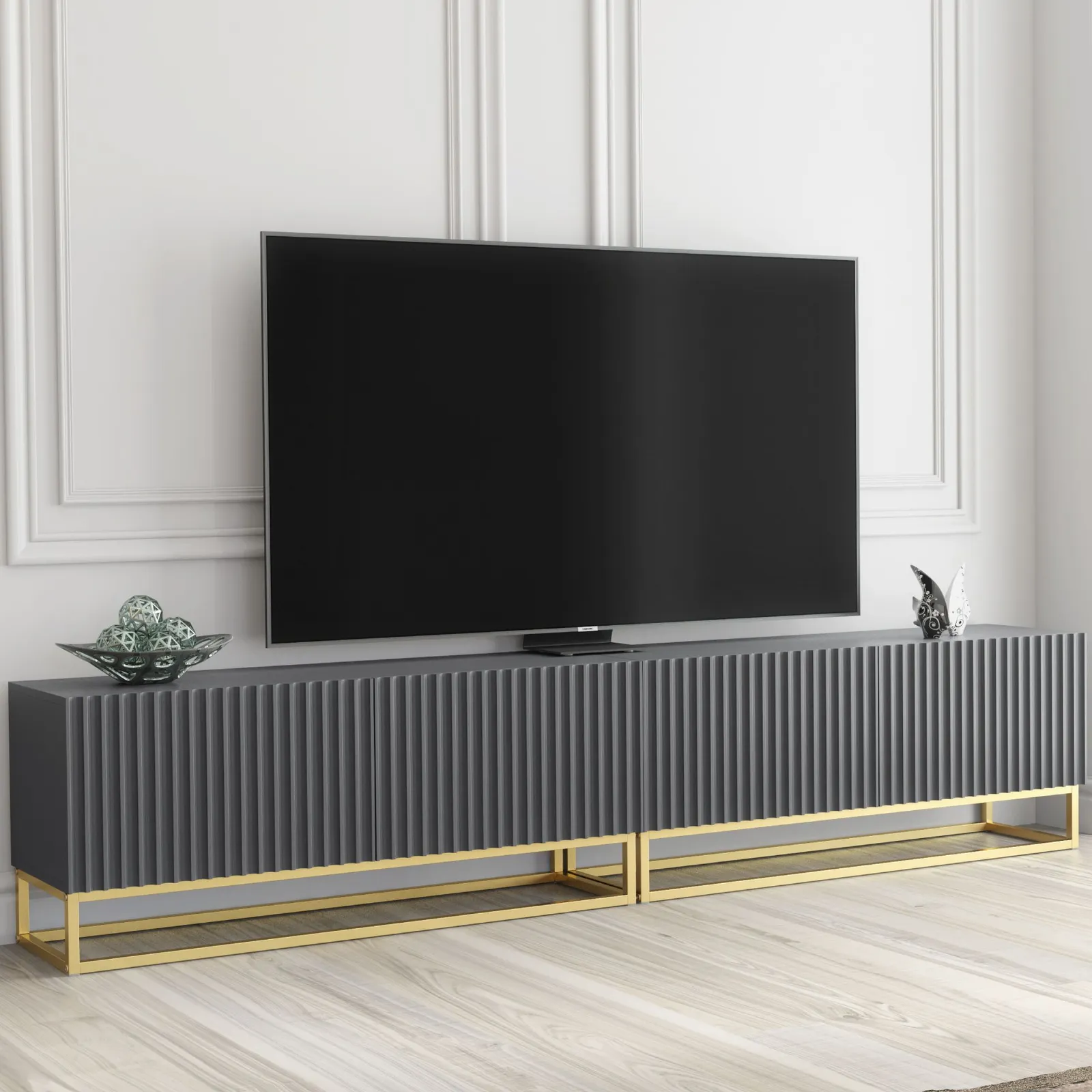 Creative Furniture Ripple Duo TV Unit 200cm - Modern Fluted Design with Push to Open Doors in Grey 3