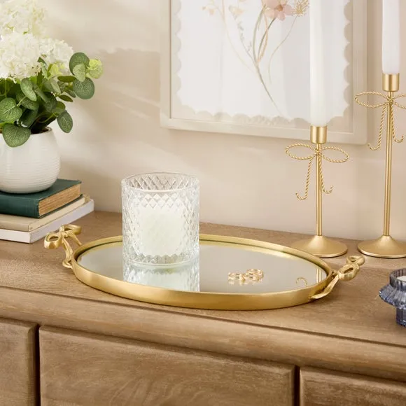Gold Bow Handled Oval Mirrored Tray