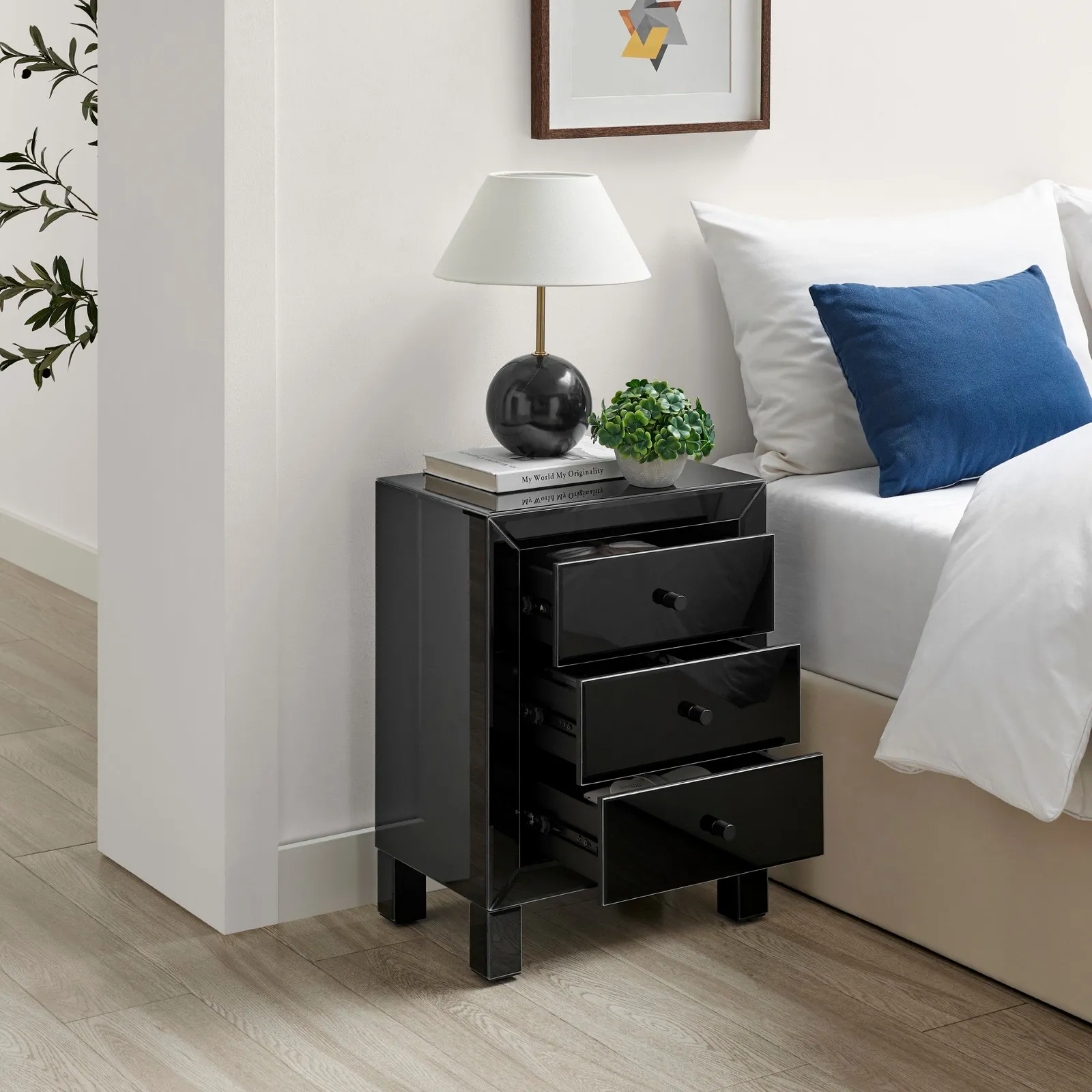 FurnitureboxUK Lexi Large Wooden Bedside Table with 3 Drawers & a Modern Mirrored Finish in Black 3