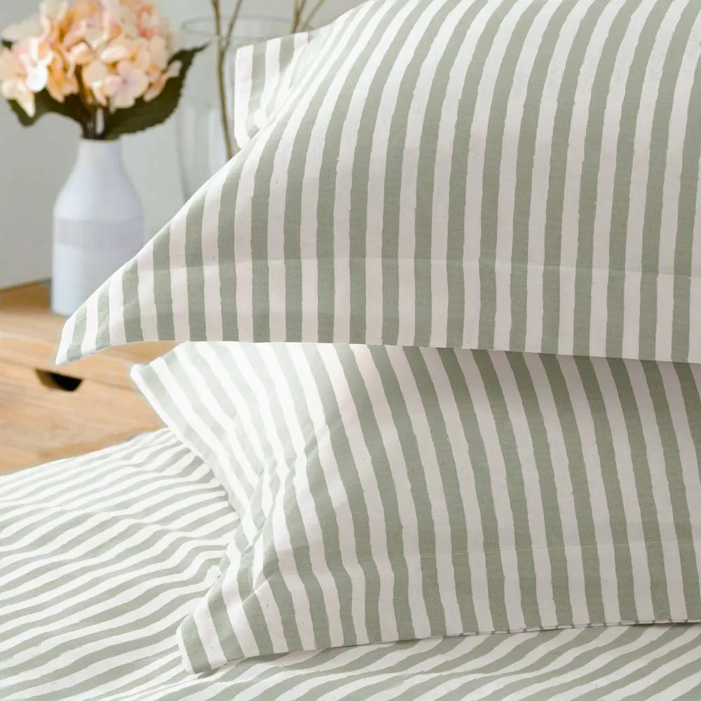 Yard Hebden Striped 100% Cotton Duvet Cover Set in Light Green 3