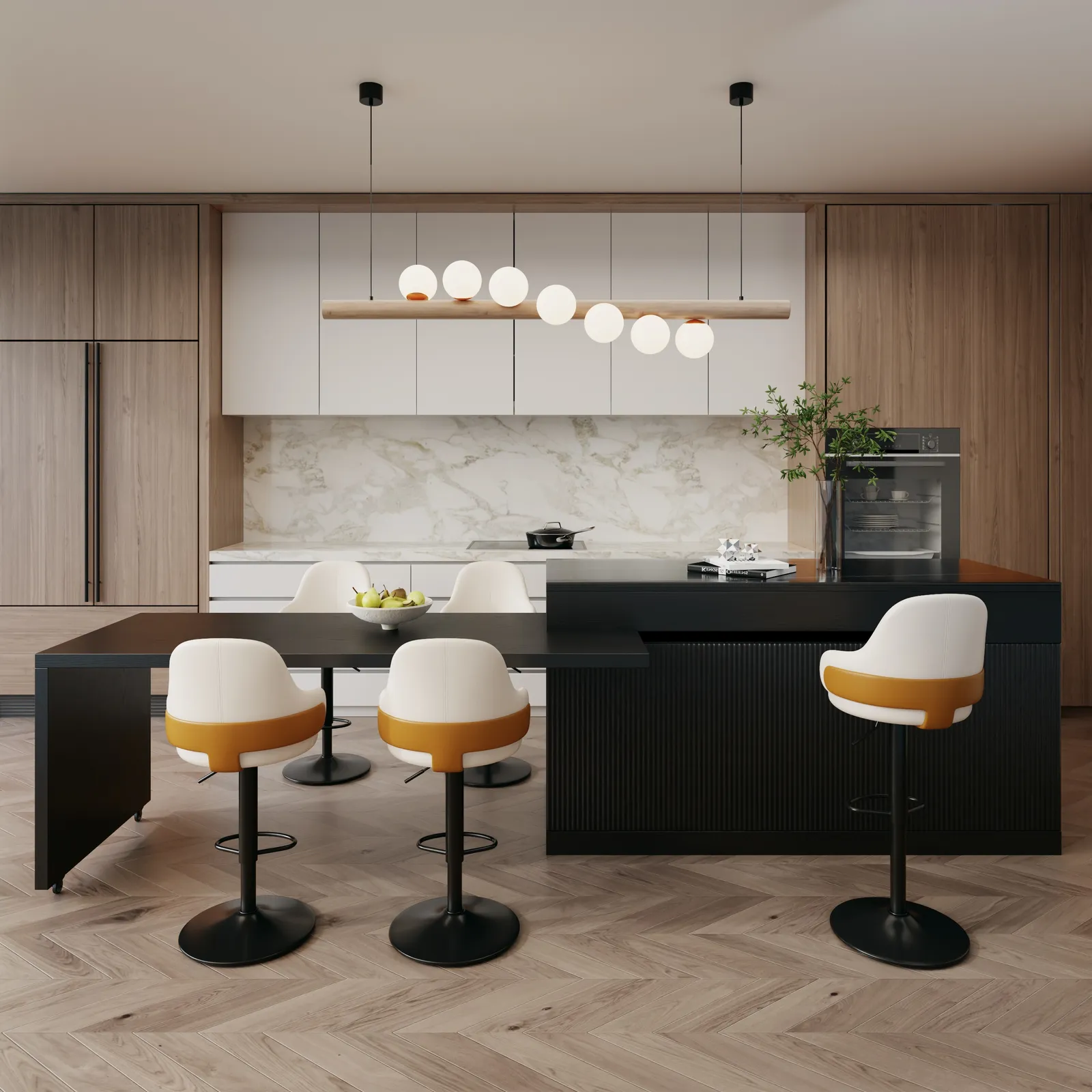 205 - 270 cm Extendable Kitchen Island with Doors & Drawers, Black Sintered Stone Top