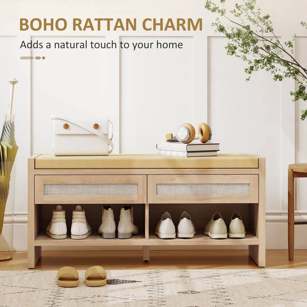 HOMCOM Shoe Bench with 2 Rattan Drawers Cushion Oak Wood Effect in Light Oak 4