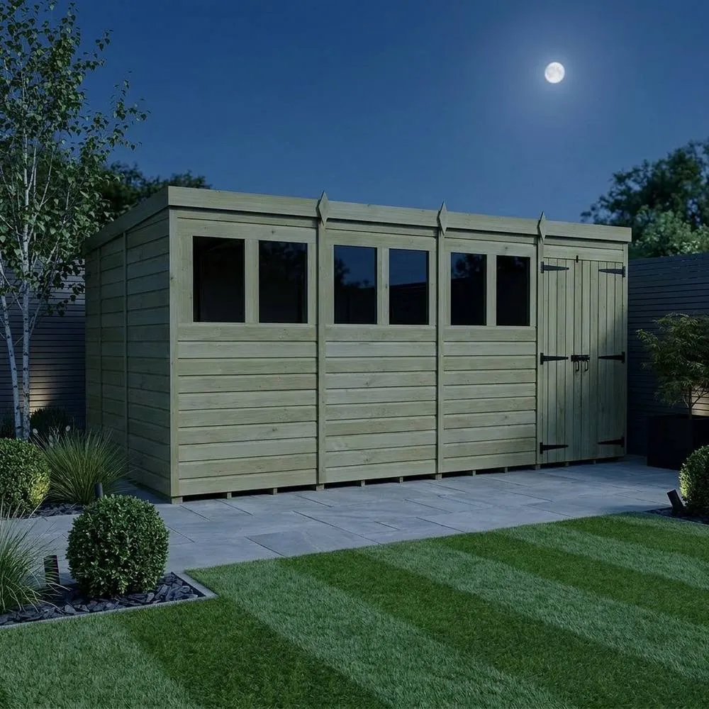 Buttercup Farm 16ft x 9ft Pent Garden Shed Double Door With Windows - Timber in Natural 3