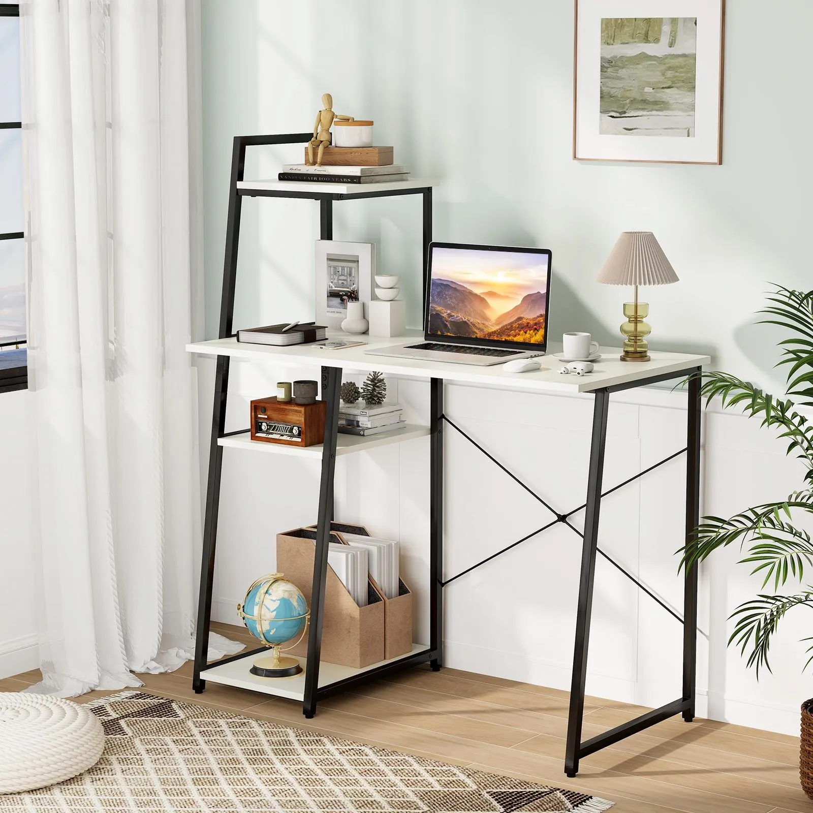 Costway Home Office Desk Computer Desk PC Laptop Table w/ Bookshelf & Host Stand in White 4