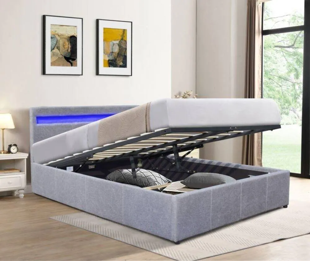 Comfy Living Ltd Fabric Modern Gas Lift Ottoman Bed Frame With LED in Light Grey 1