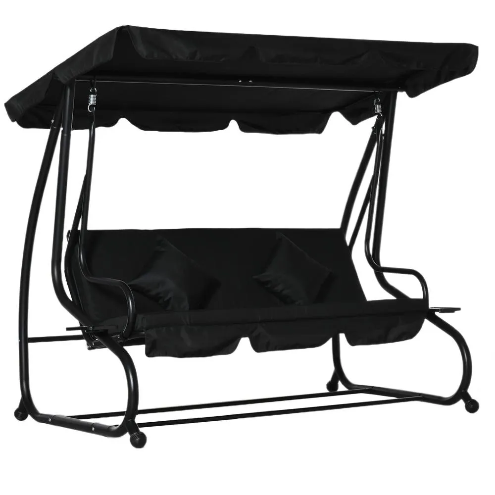 OUTSUNNY 2-in-1 Garden Swing Chair for 3 Person w/ 2 Pillows, Black 2