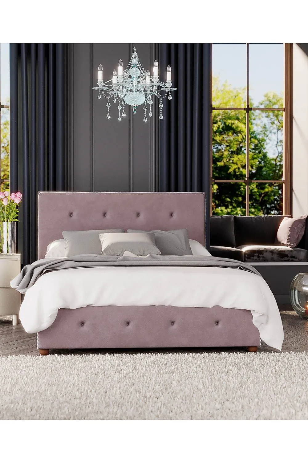 Laurence Llewelyn-Bowen Hesper Ottoman Storage Bed in Plush Velvet Fabric, Custom Made in Rose 5