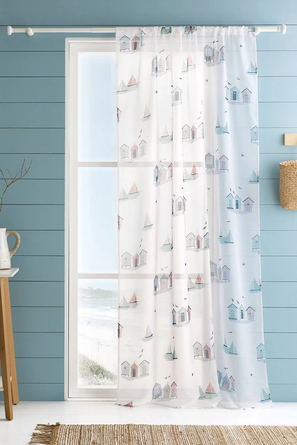 Fusion 'Beach Huts' Coastal Themed Voile Panel in Blue 1