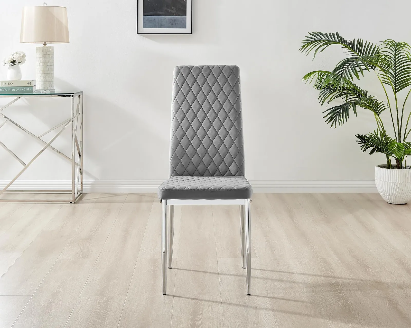 FurnitureboxUK Set of 4 Milan High Back Soft Touch Diamond Pattern Velvet Dining Chairs With Silver Chrome Metal Legs in Grey 4