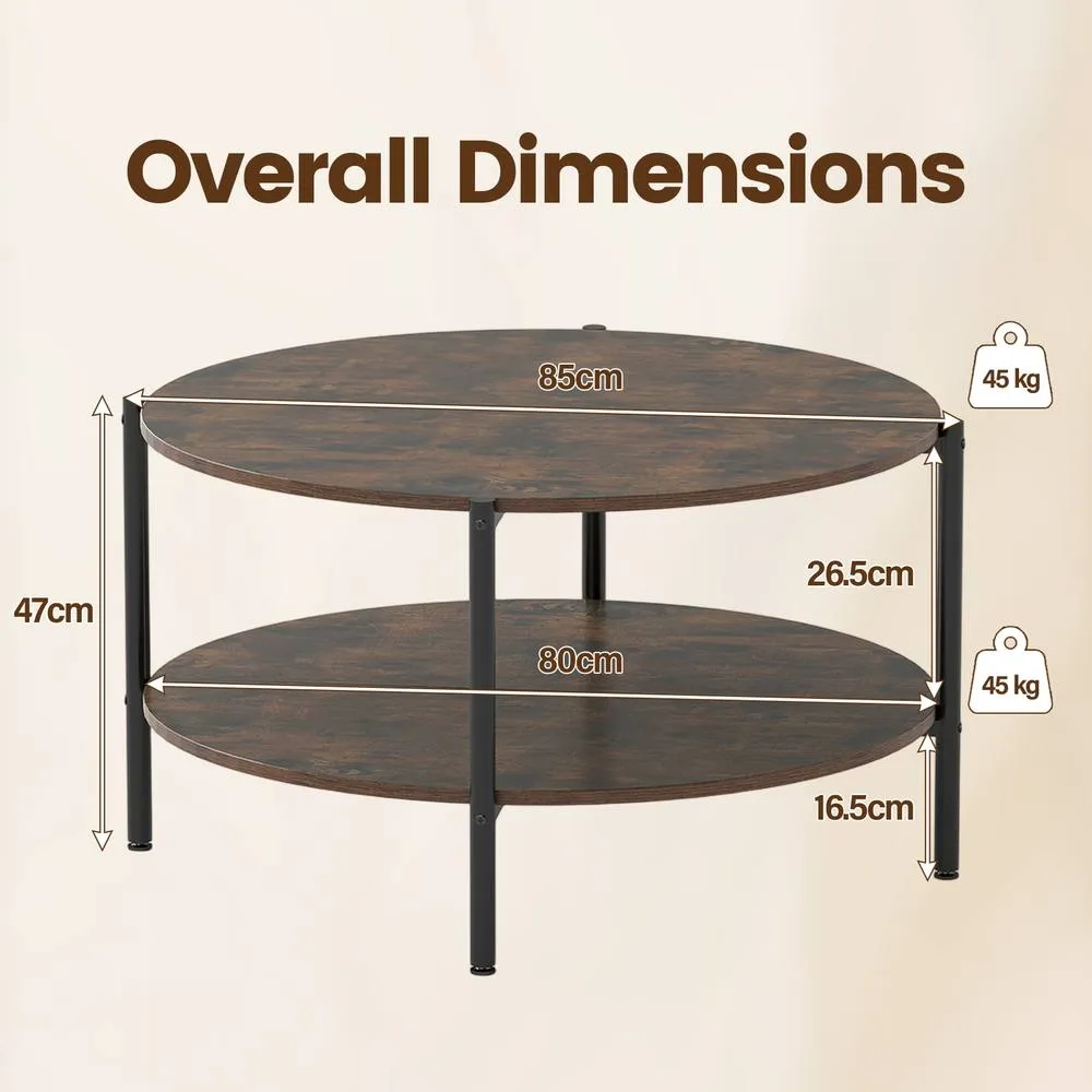 Costway 2-Tier Round Coffee Table Industrial Cocktail Table w/Storage Shelf in Brown 2