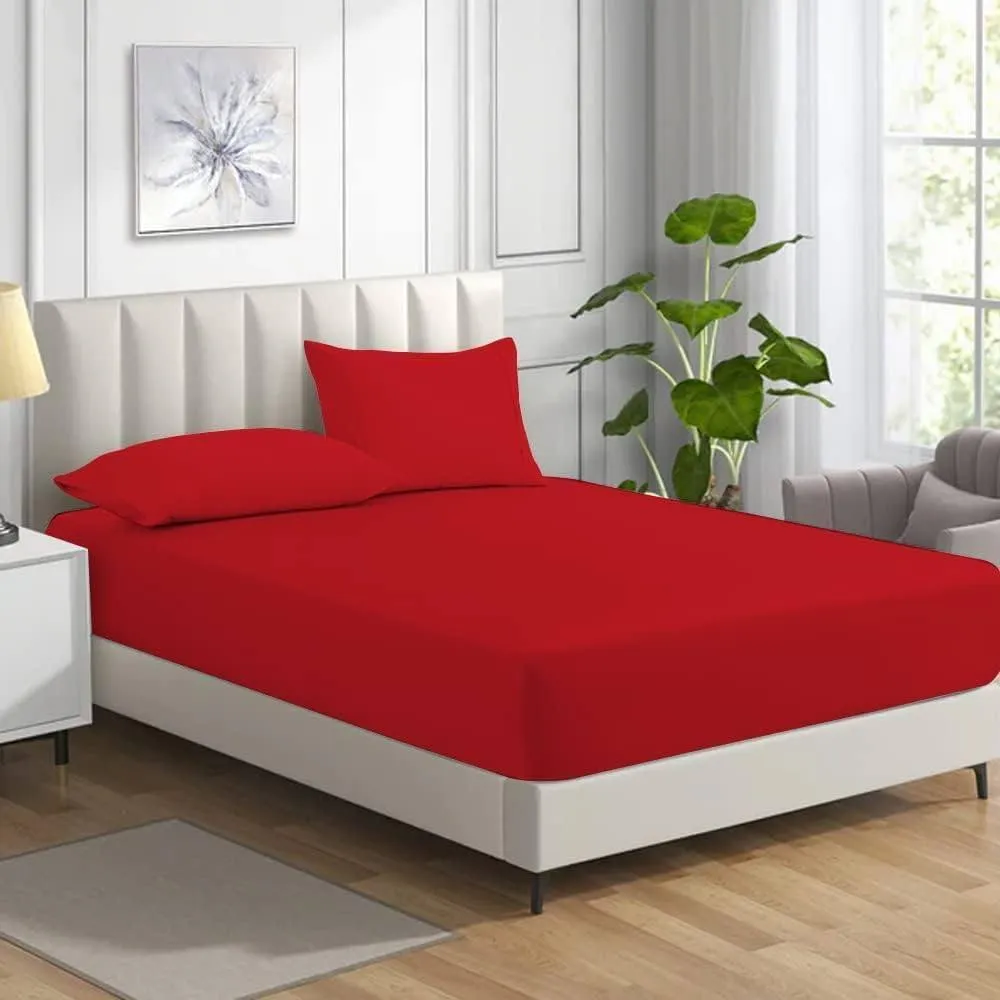 Homes-Linen Non Iron Polycotton Fitted Sheet 25cm Deep Easy Care Percale in Red