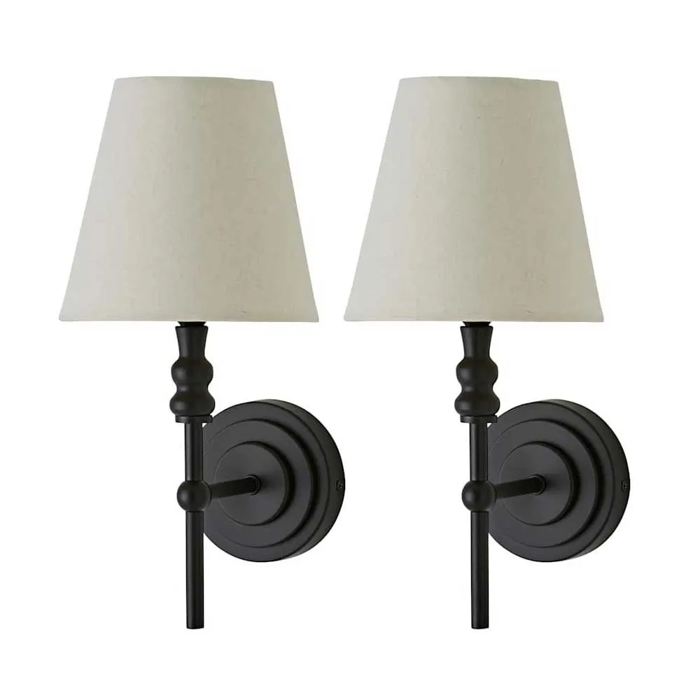 ValueLights Maggie Pair of Wall Lights with Linen Tapered Lamp Shades & Bulbs in Black