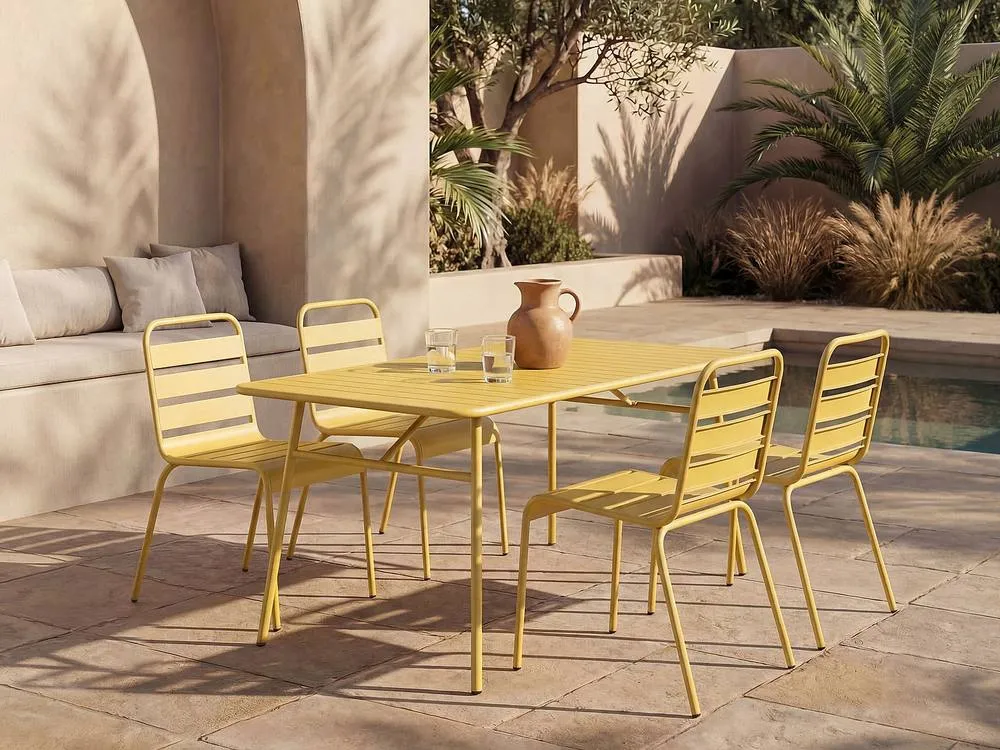 Vente-unique Metal Garden Dining Furniture Set: One Table D.160 Cm & 4 Stacking in Mustard