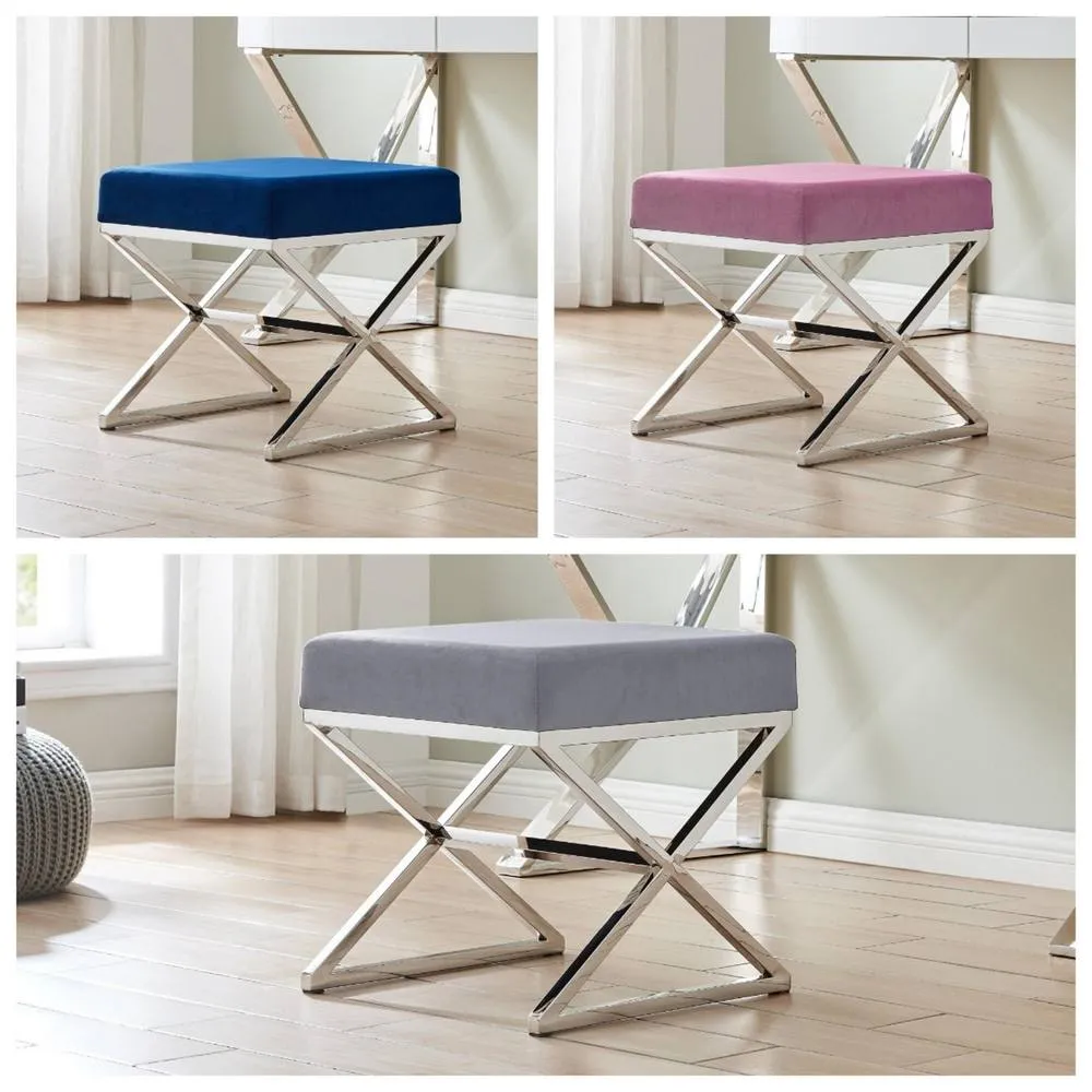 FurnitureboxUK Oxford Modern Grey Velvet & Silver Chrome Stool 6