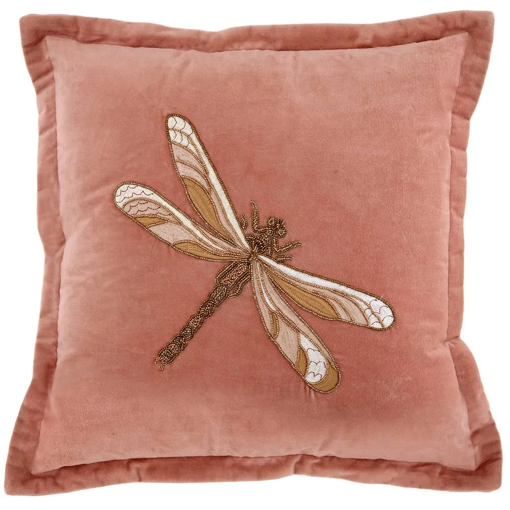Voyage Maison Aria Velvet Embroidered Dragonfly Cushion in Pink 2