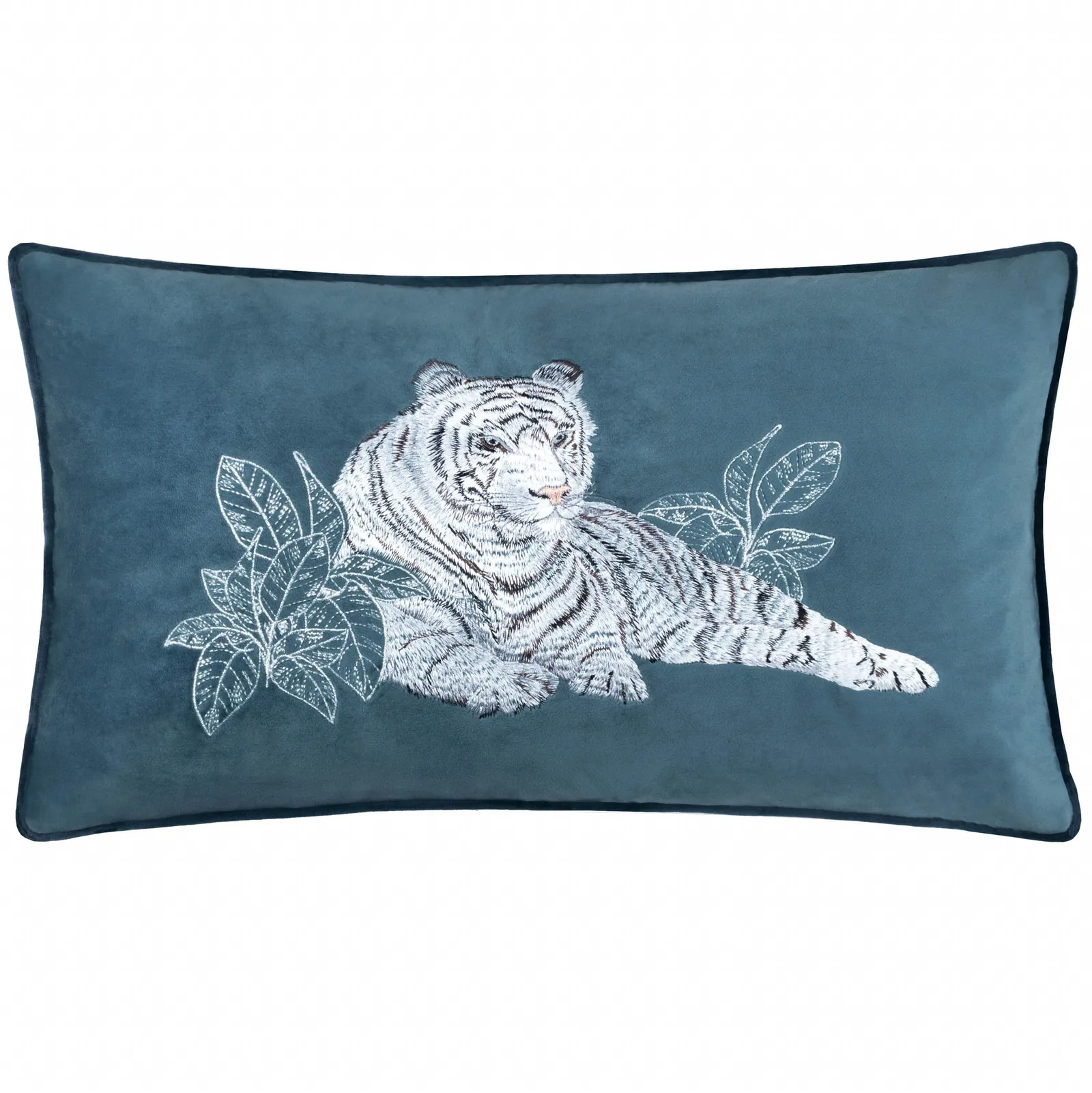 Paoletti Odisha White Tiger Embroidered Velvet Cushion in Blue 2