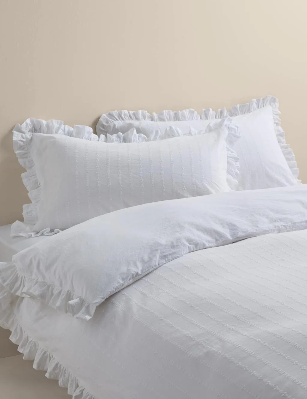 M&S Pure Cotton French Ruffle Embroidery Bedding Set White