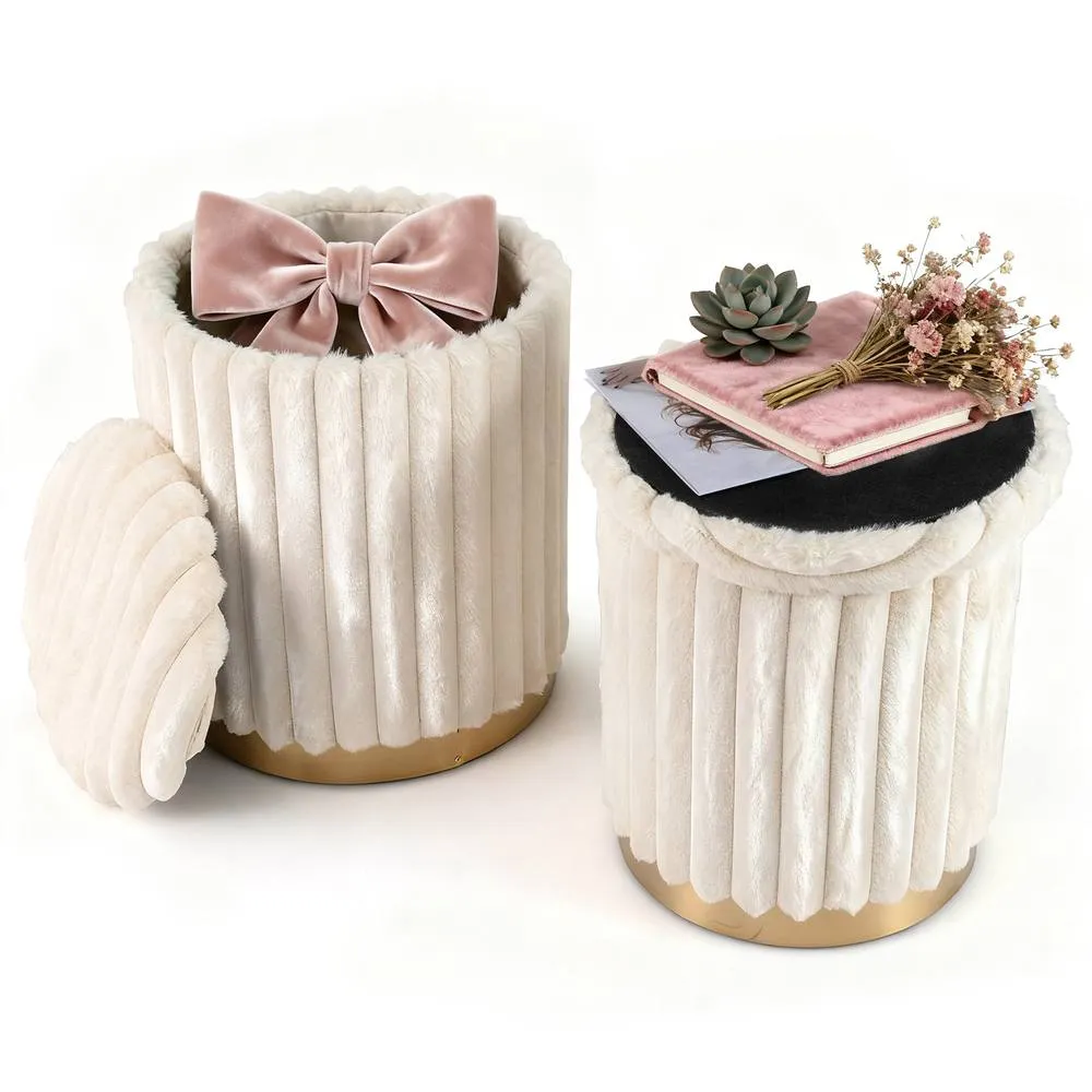 Costway Modern Ottoman Set of 2 Vanity Stool Footrest w/ Detachable Lids in Cream 3