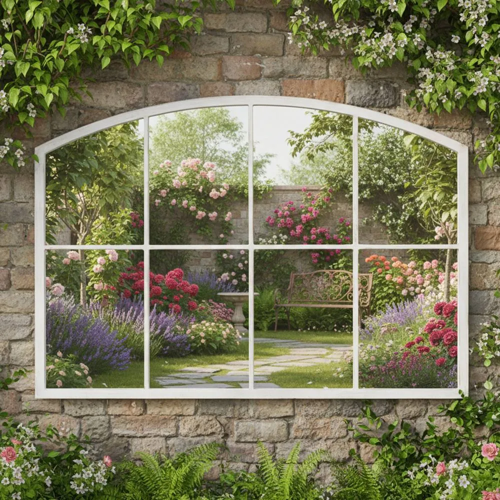 Melody Maison Distressed White Arched Window Wall Mirror - 100cm X 70cm