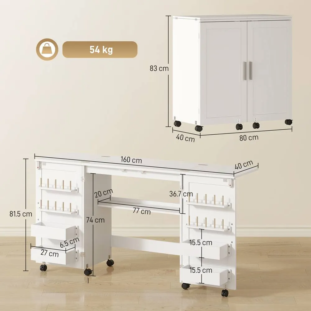 HOMCOM Folding Sewing Table with 2 Magnetic Doors, Storage Shelf, White 3