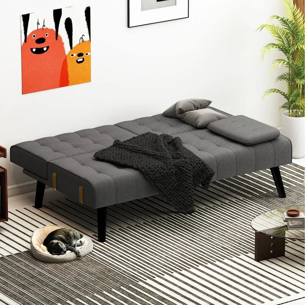Costway 164 CM Convertible Futon Sofa Bed Couch Loveseat W/ Backrests Grey 2