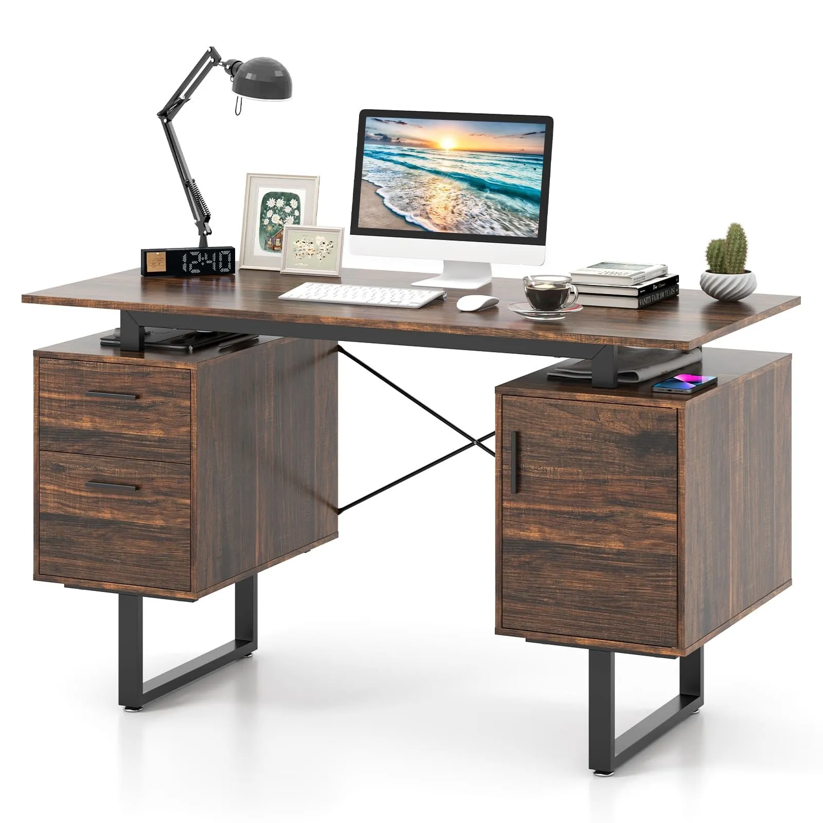 Costway Computer Desk Home Office Desk with Floating Desktop-Coffee in Brown 2