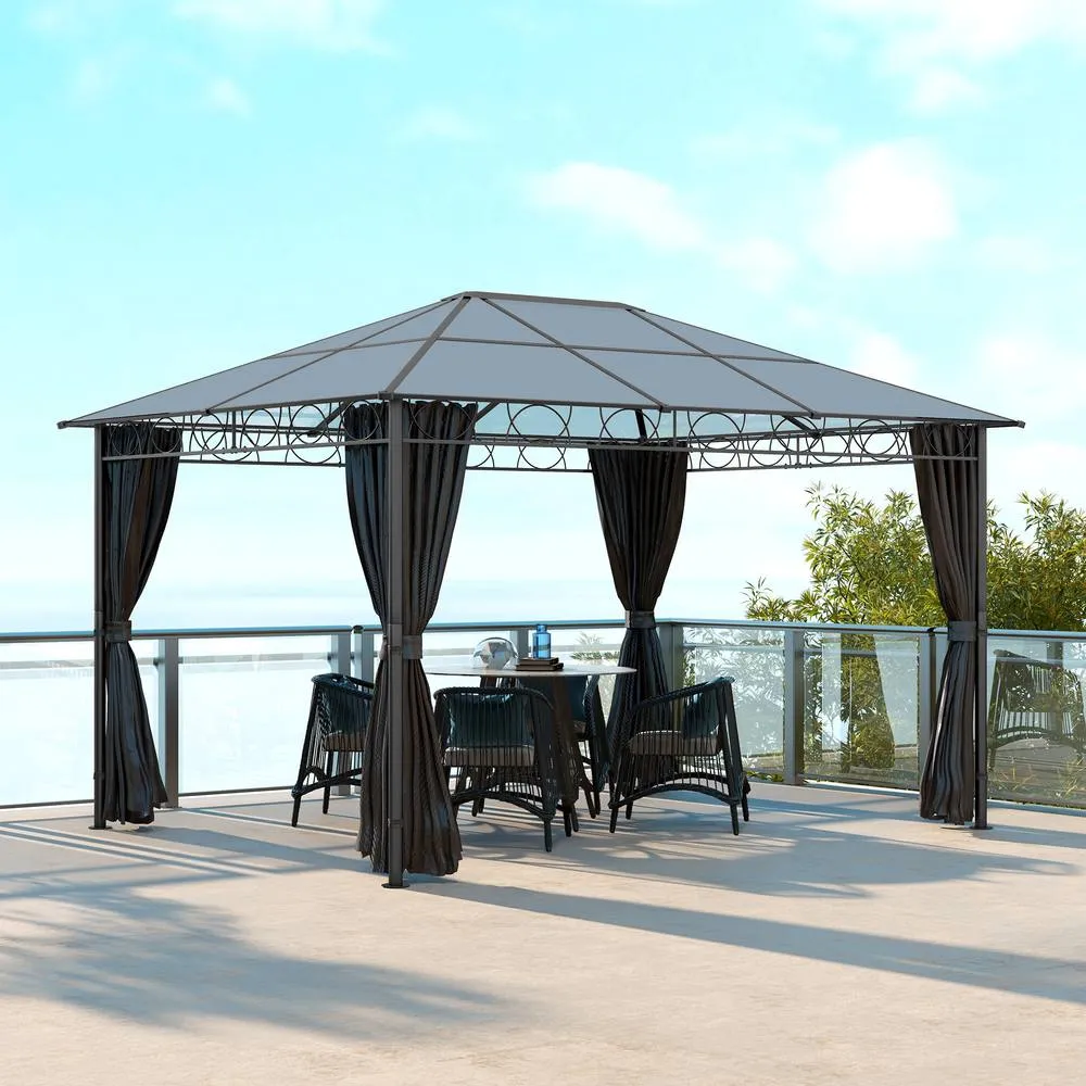 OUTSUNNY Hardtop Gazebo for Garden Party w/ Polycarbonate Curtains in Light Grey