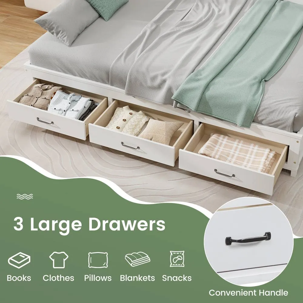 Costway Wooden Sofa Bed Frame with 3 Drawers Single/Double Size Guest Bed in White 6